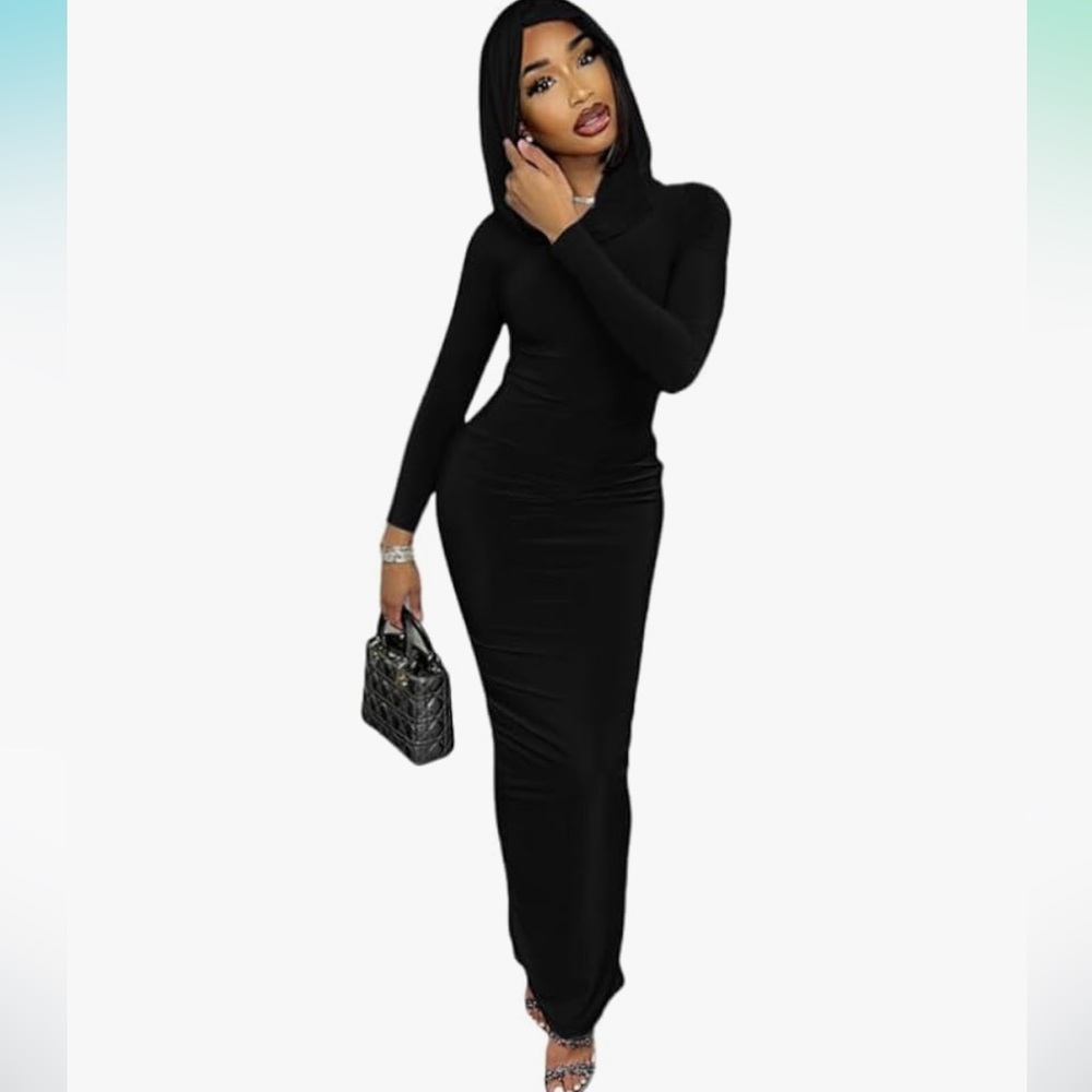 Black hooded bodycon dress long sleeve sexy maxi slit wasteland apocalypse goth - Picture 2 of 10